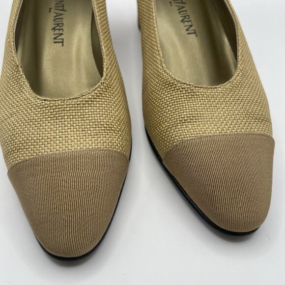Yves Saint Laurent YSL Size 6.5 Vintage Canvas High Heels Tan Woven Shoe Neutral - Picture 2 of 9